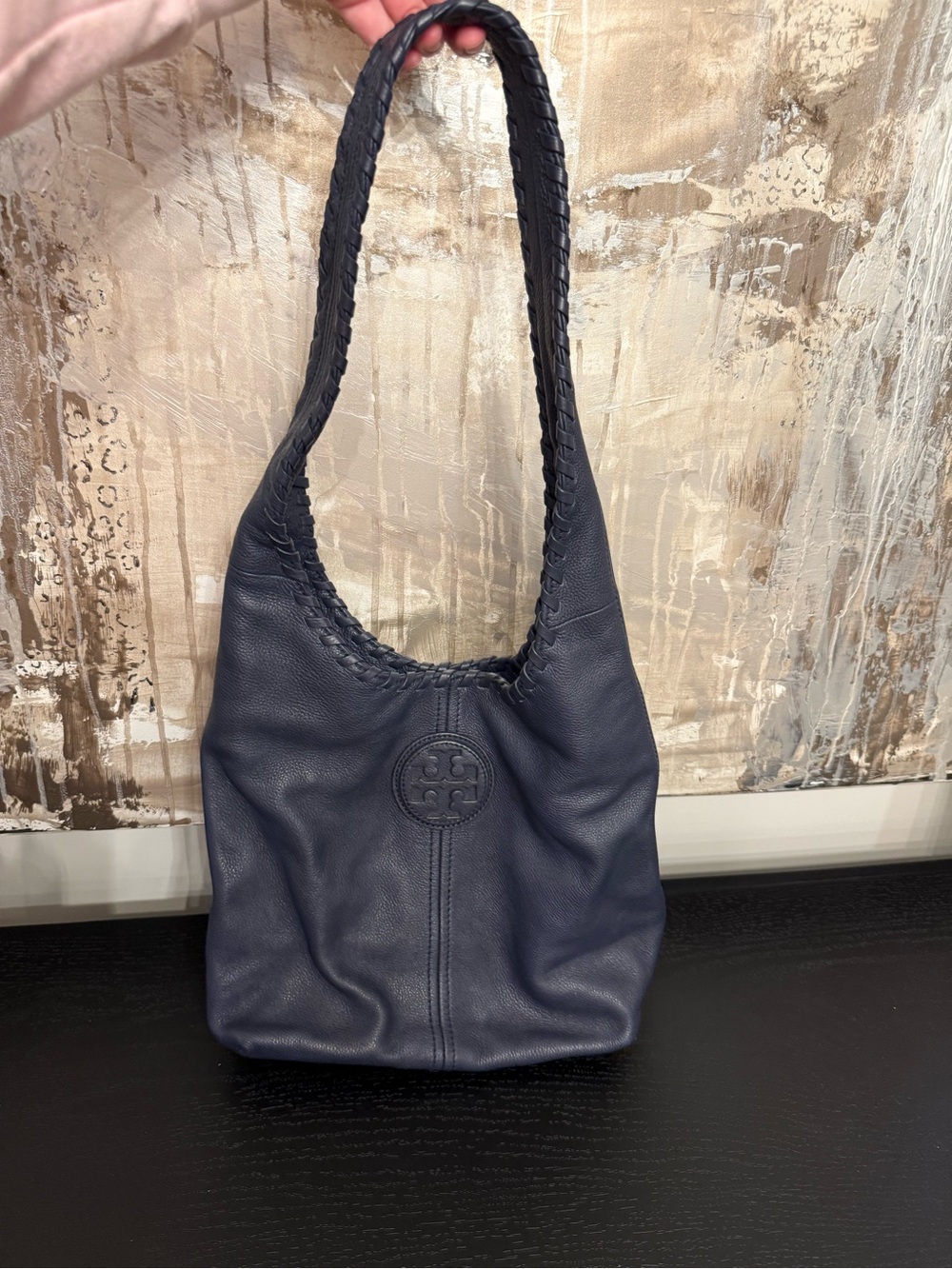 Tory Burch Navy Braided-Handle Hobo Bag